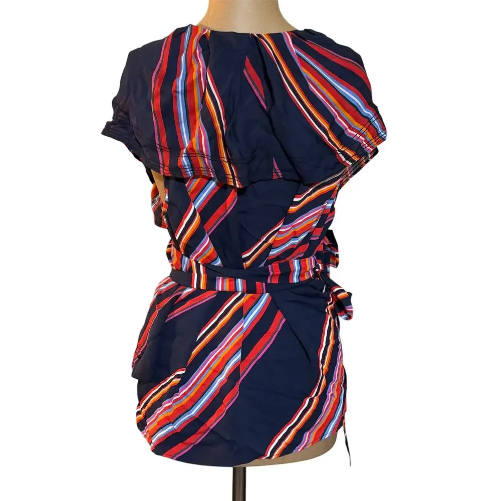 Tory Burch Blouse Adelia Blue & Red Vivid Stripe Sleeveless Wrap Top size 12